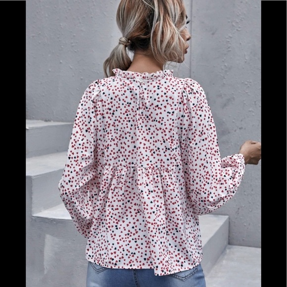 FLOATING ❤️HEARTS FRILL NECK  BABYDOLL BLOUSE - Picture 5 of 8